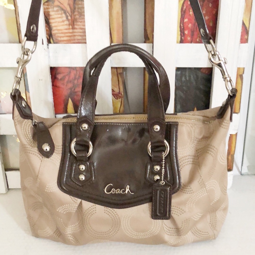 Coach Tan and Brown Shoulder Bag with Leather Trim
